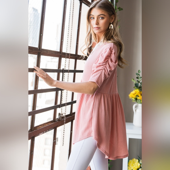 New Launch From Designer HEIMISH Full Size Waffle Knit V-Neck Babydoll Top - Picture 5 of 13